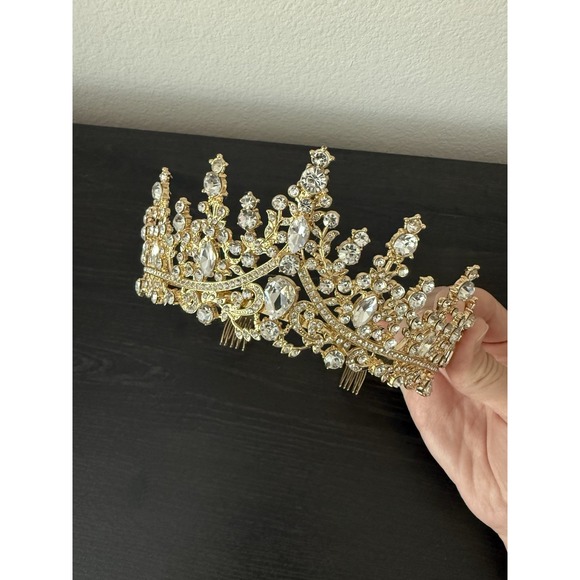 Gold Tone Rhinestone Maang Tikka Heart Sunburst Indian Bridal Headpiece 6.5in - View 16