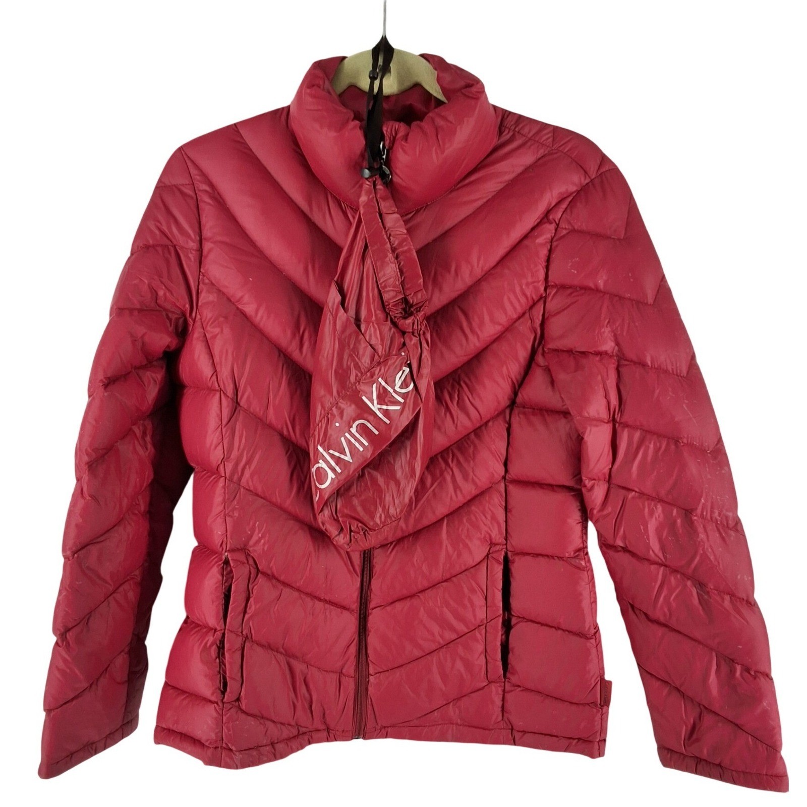 Calvin Klein Womens Red Chevron Packable Duck Down Puffer Jacket with Bag - View 5