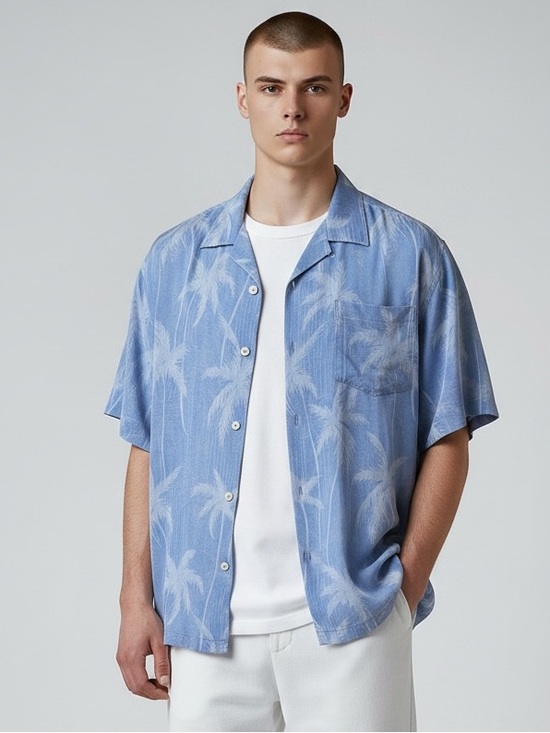 Tommy Bahama Mens L Grey Silk Hawaiian Camp Shirt Hula Palm Tree Print - View 11
