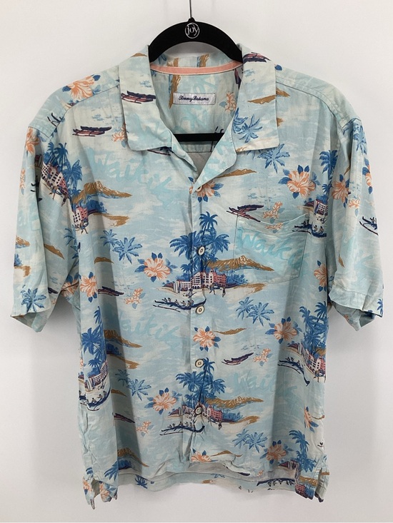 Tommy Bahama Mens L Grey Silk Hawaiian Camp Shirt Hula Palm Tree Print - View 12