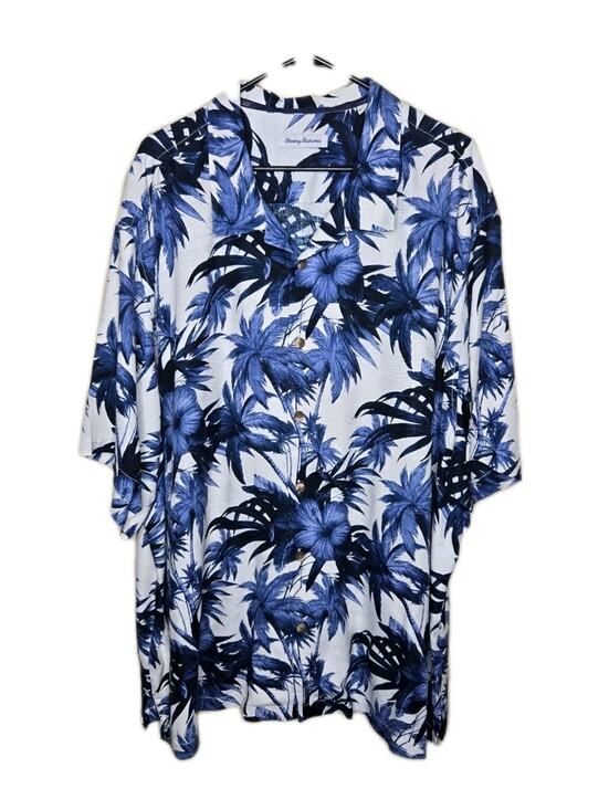 Tommy Bahama Mens L Grey Silk Hawaiian Camp Shirt Hula Palm Tree Print - View 15