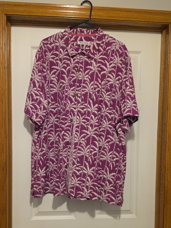 Tommy Bahama Mens L Grey Silk Hawaiian Camp Shirt Hula Palm Tree Print - View 16
