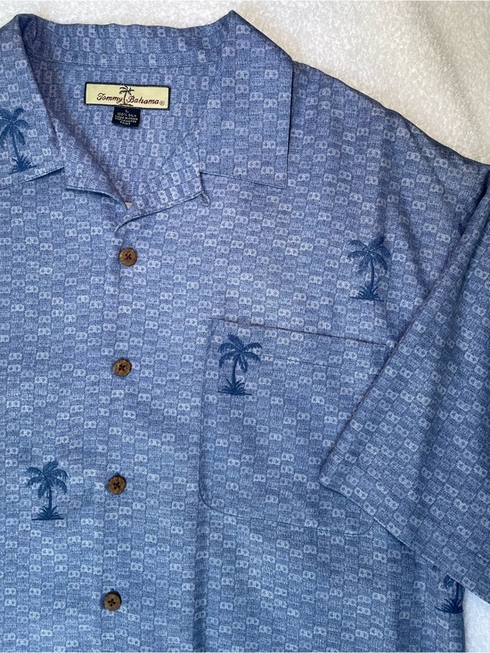 Tommy Bahama Mens L Grey Silk Hawaiian Camp Shirt Hula Palm Tree Print - View 17