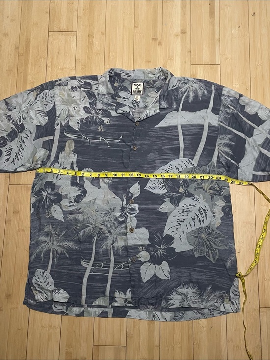 Tommy Bahama Mens L Grey Silk Hawaiian Camp Shirt Hula Palm Tree Print - View 19
