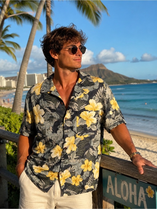 Tommy Bahama Mens L Grey Silk Hawaiian Camp Shirt Hula Palm Tree Print - View 20