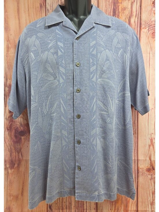 Tommy Bahama Mens L Grey Silk Hawaiian Camp Shirt Hula Palm Tree Print - View 22