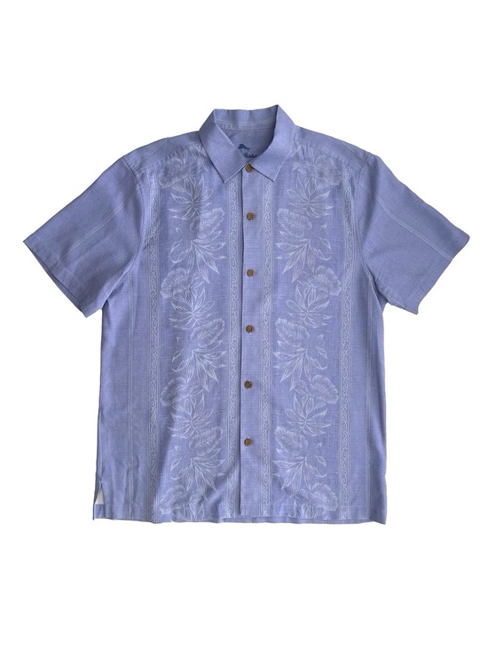 Tommy Bahama Mens L Grey Silk Hawaiian Camp Shirt Hula Palm Tree Print - View 25
