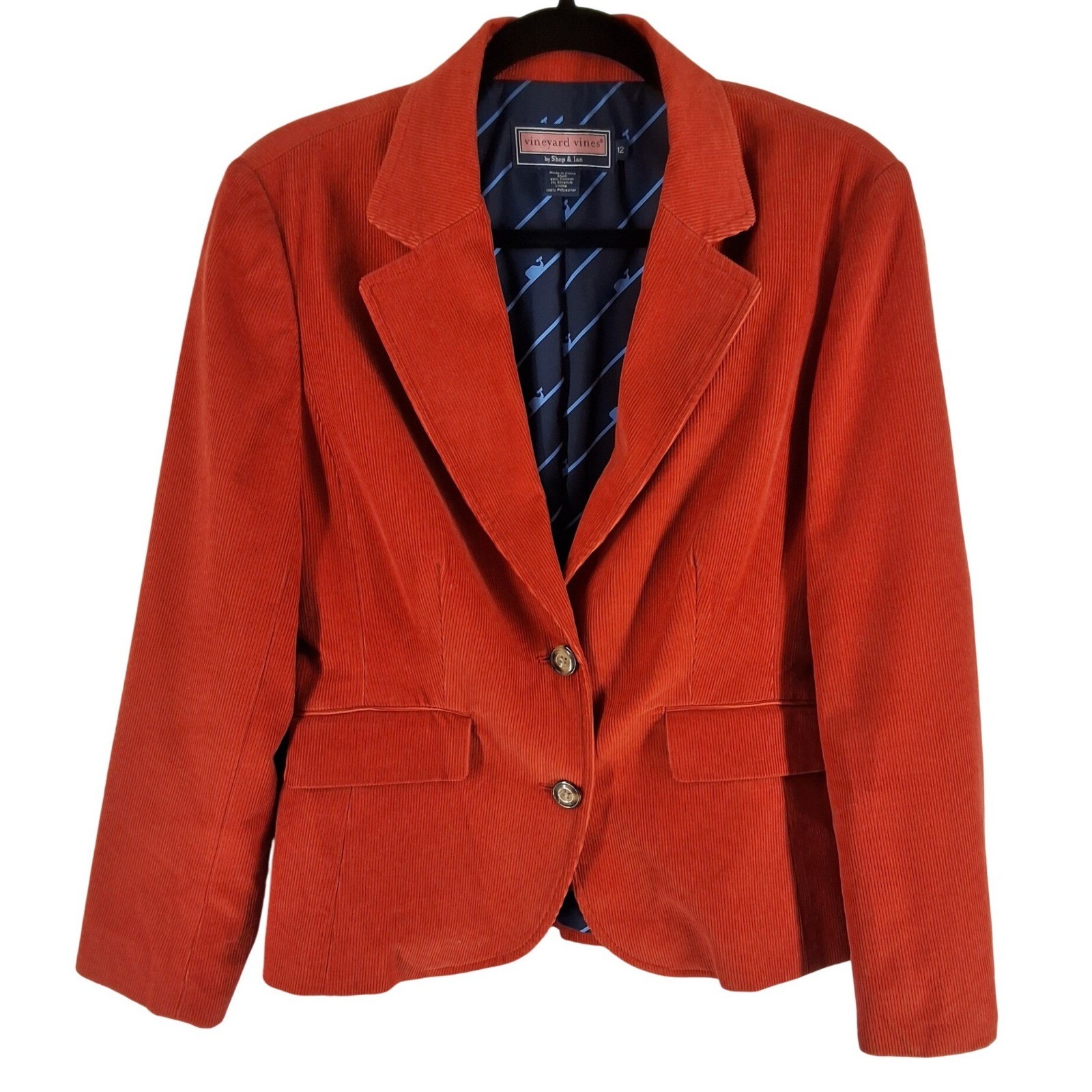 Vineyard Vines Womens Burnt Orange Corduroy Blazer Jacket Whale Lining Size 12