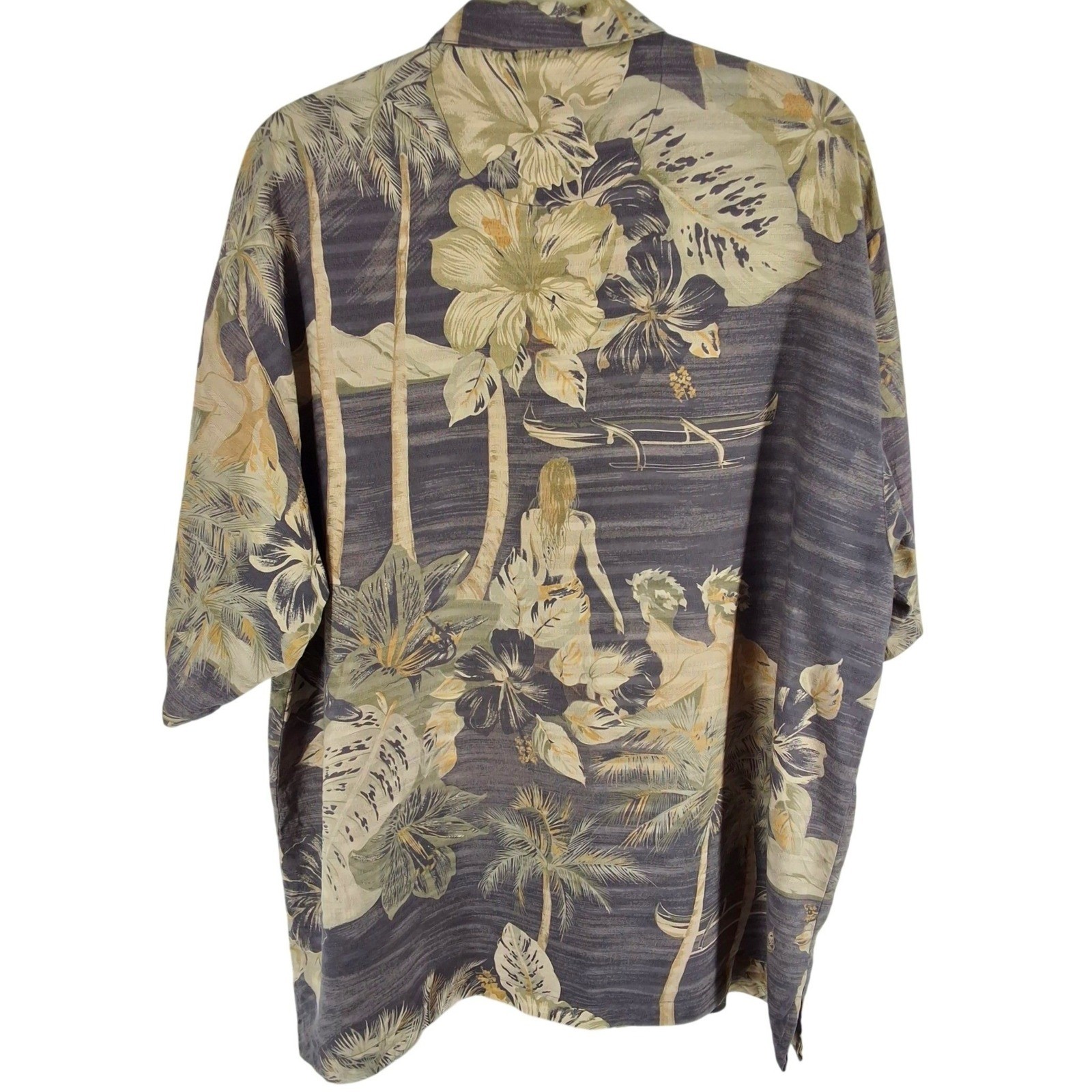 Tommy Bahama Mens L Grey Silk Hawaiian Camp Shirt Hula Palm Tree Print