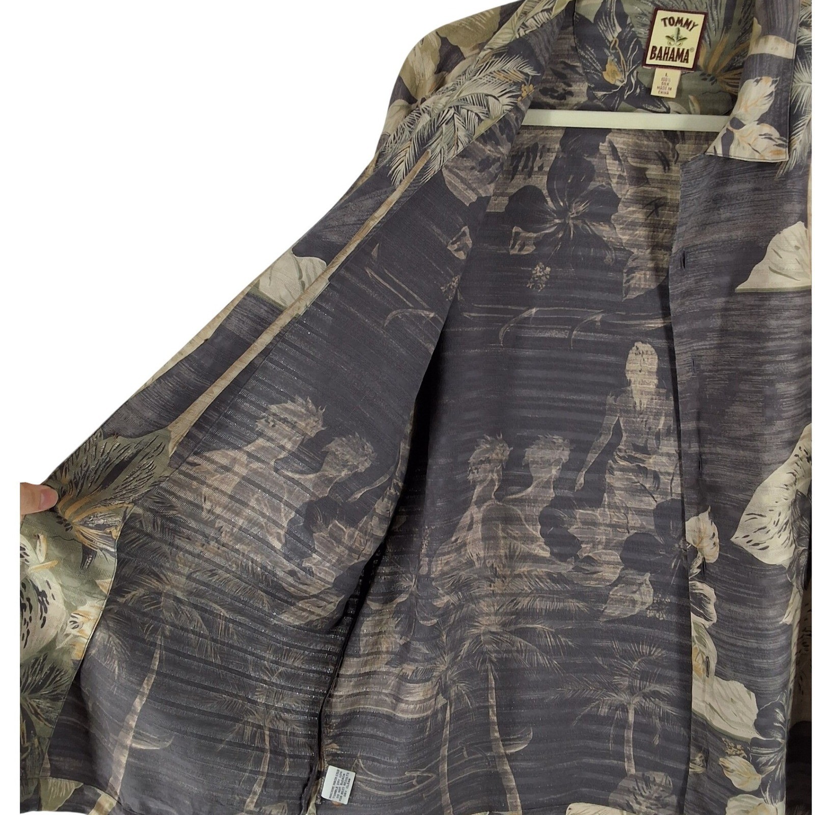 Tommy Bahama Mens L Grey Silk Hawaiian Camp Shirt Hula Palm Tree Print - View 7