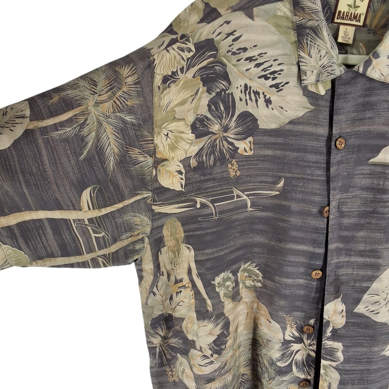 Tommy Bahama Mens L Grey Silk Hawaiian Camp Shirt Hula Palm Tree Print - View 8